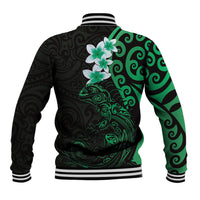 New Zealand Tuatara Plumeria Baseball Jacket Maori Green Koru Tribal Tattoo