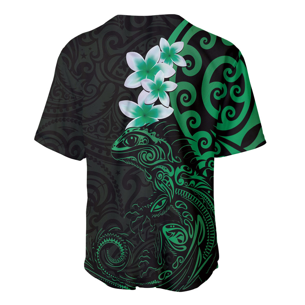 New Zealand Tuatara Plumeria Baseball Jersey Maori Green Koru Tribal Tattoo