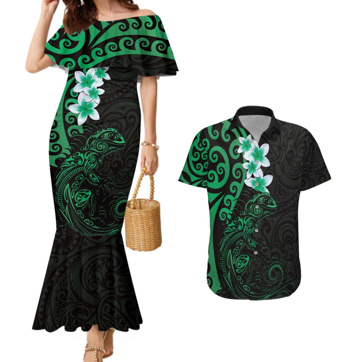 New Zealand Tuatara Plumeria Couples Matching Mermaid Dress and Hawaiian Shirt Maori Green Koru Tribal Tattoo
