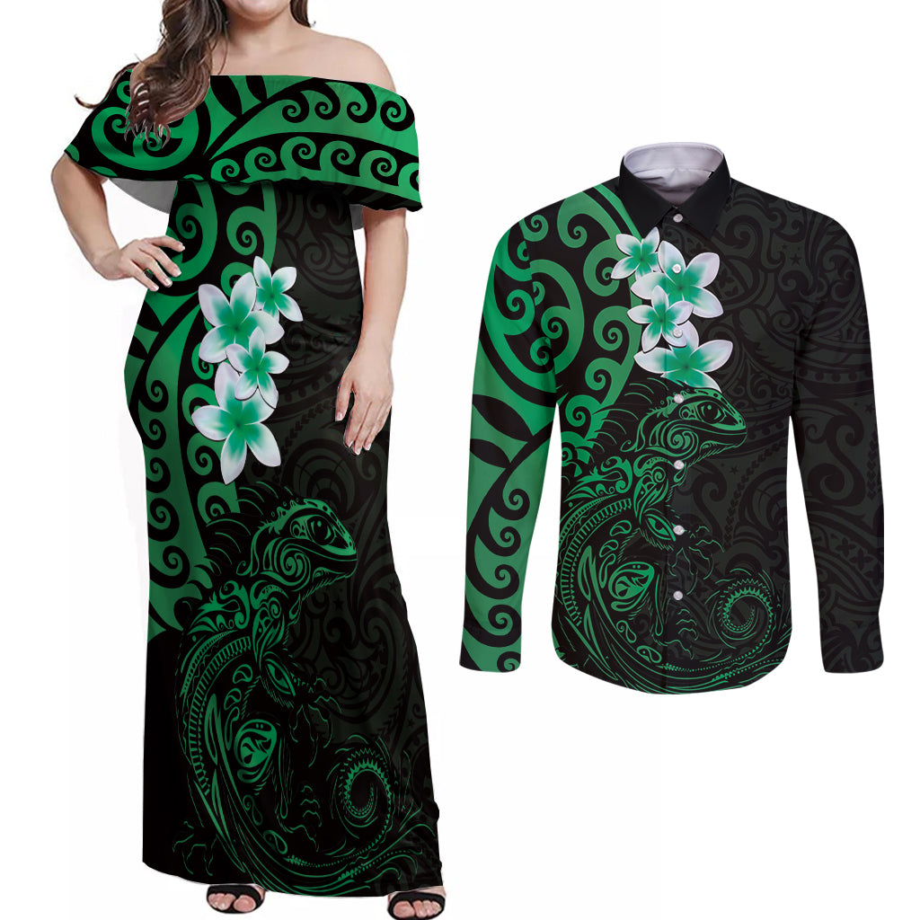 New Zealand Tuatara Plumeria Couples Matching Off Shoulder Maxi Dress and Long Sleeve Button Shirt Maori Green Koru Tribal Tattoo