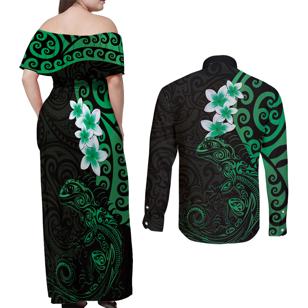 New Zealand Tuatara Plumeria Couples Matching Off Shoulder Maxi Dress and Long Sleeve Button Shirt Maori Green Koru Tribal Tattoo