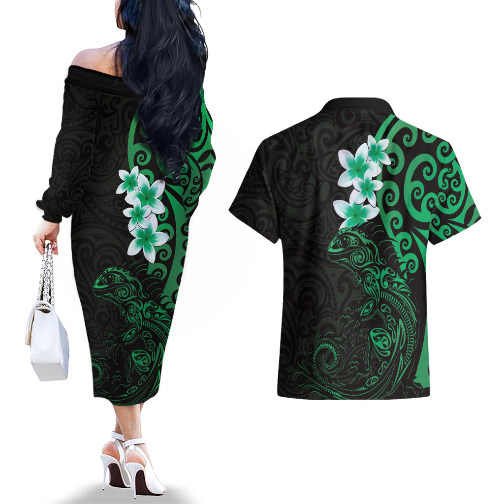 New Zealand Tuatara Plumeria Couples Matching Off The Shoulder Long Sleeve Dress and Hawaiian Shirt Maori Green Koru Tribal Tattoo