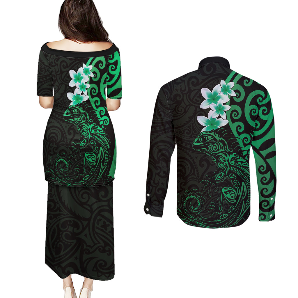 New Zealand Tuatara Plumeria Couples Matching Puletasi and Long Sleeve Button Shirt Maori Green Koru Tribal Tattoo