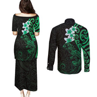 New Zealand Tuatara Plumeria Couples Matching Puletasi and Long Sleeve Button Shirt Maori Green Koru Tribal Tattoo
