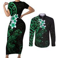 New Zealand Tuatara Plumeria Couples Matching Short Sleeve Bodycon Dress and Long Sleeve Button Shirt Maori Green Koru Tribal Tattoo