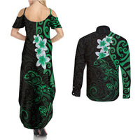 New Zealand Tuatara Plumeria Couples Matching Summer Maxi Dress and Long Sleeve Button Shirt Maori Green Koru Tribal Tattoo LT01 - Polynesian Pride