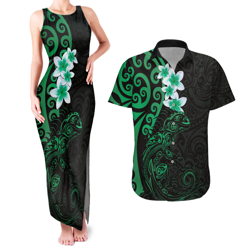 New Zealand Tuatara Plumeria Couples Matching Tank Maxi Dress and Hawaiian Shirt Maori Green Koru Tribal Tattoo LT01 Green - Polynesian Pride