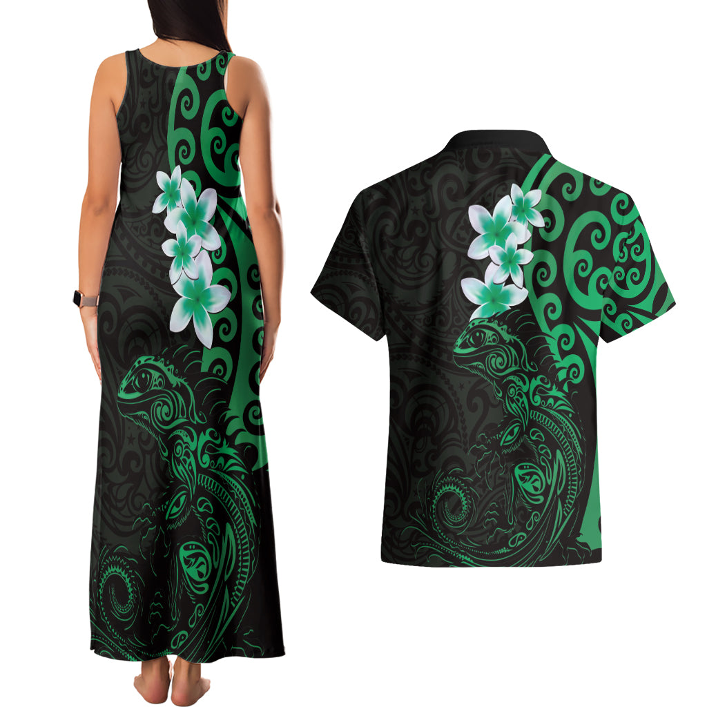 New Zealand Tuatara Plumeria Couples Matching Tank Maxi Dress and Hawaiian Shirt Maori Green Koru Tribal Tattoo LT01 - Polynesian Pride