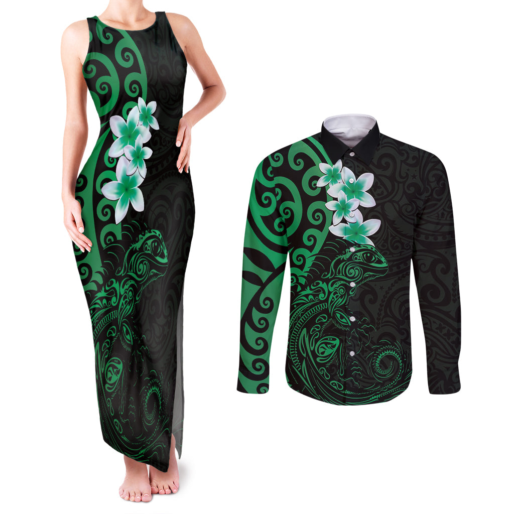 New Zealand Tuatara Plumeria Couples Matching Tank Maxi Dress and Long Sleeve Button Shirt Maori Green Koru Tribal Tattoo