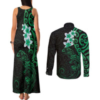 New Zealand Tuatara Plumeria Couples Matching Tank Maxi Dress and Long Sleeve Button Shirt Maori Green Koru Tribal Tattoo