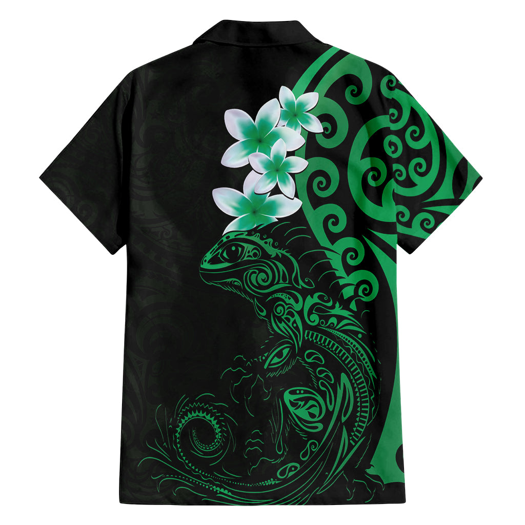 New Zealand Tuatara Plumeria Family Matching Long Sleeve Bodycon Dress and Hawaiian Shirt Maori Green Koru Tribal Tattoo