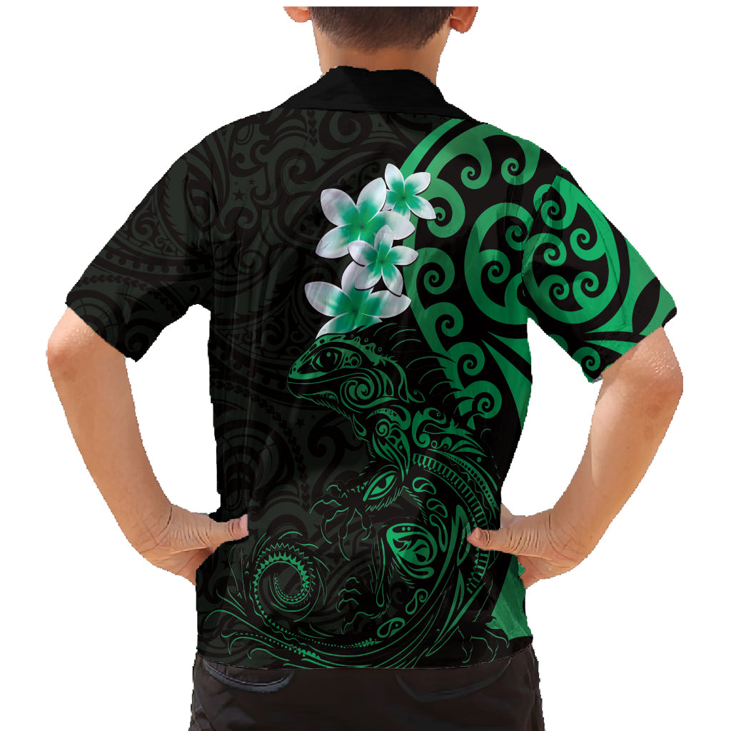 New Zealand Tuatara Plumeria Family Matching Mermaid Dress and Hawaiian Shirt Maori Green Koru Tribal Tattoo