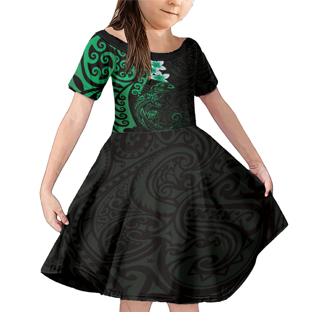 New Zealand Tuatara Plumeria Family Matching Mermaid Dress and Hawaiian Shirt Maori Green Koru Tribal Tattoo
