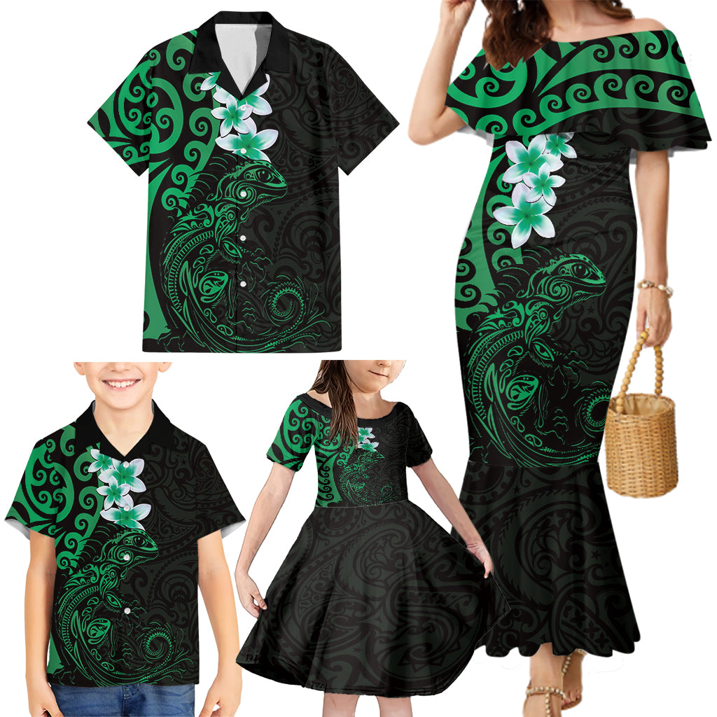 New Zealand Tuatara Plumeria Family Matching Mermaid Dress and Hawaiian Shirt Maori Green Koru Tribal Tattoo
