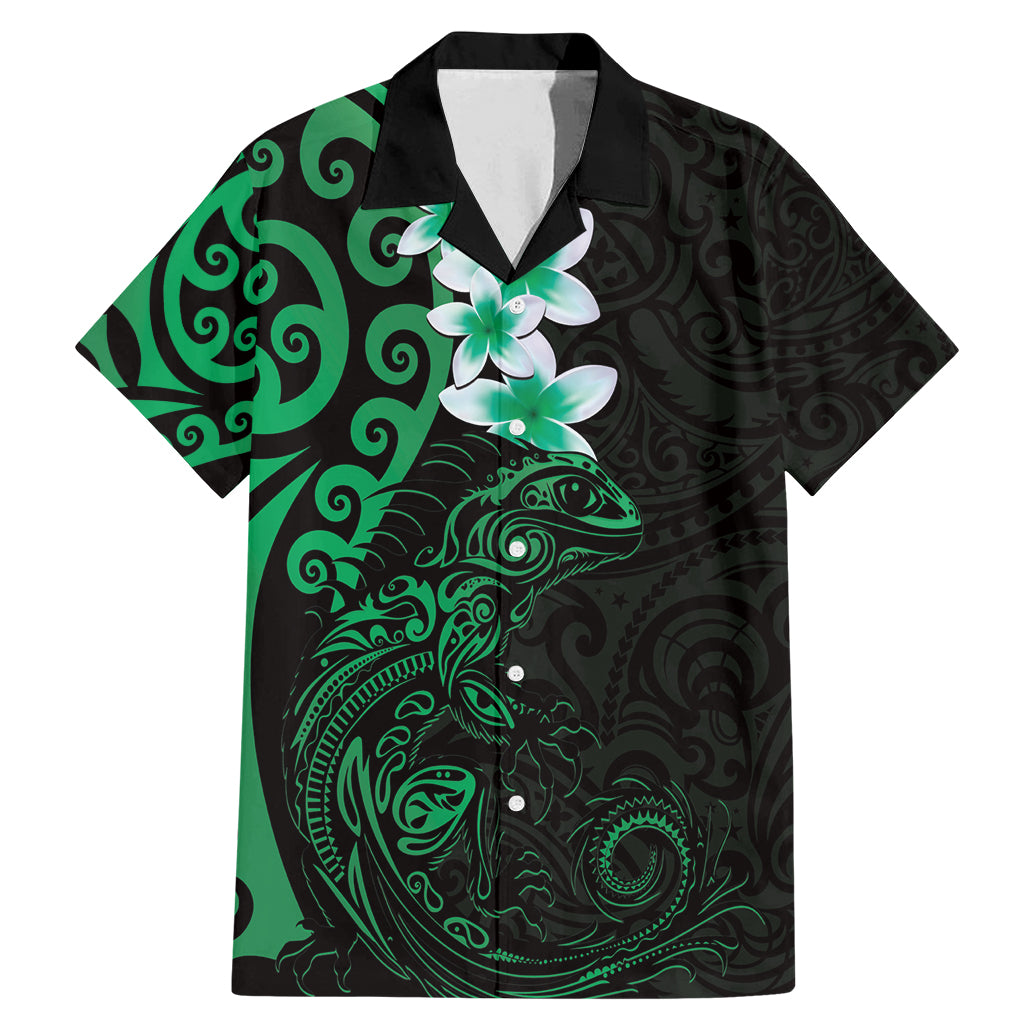 New Zealand Tuatara Plumeria Family Matching Mermaid Dress and Hawaiian Shirt Maori Green Koru Tribal Tattoo