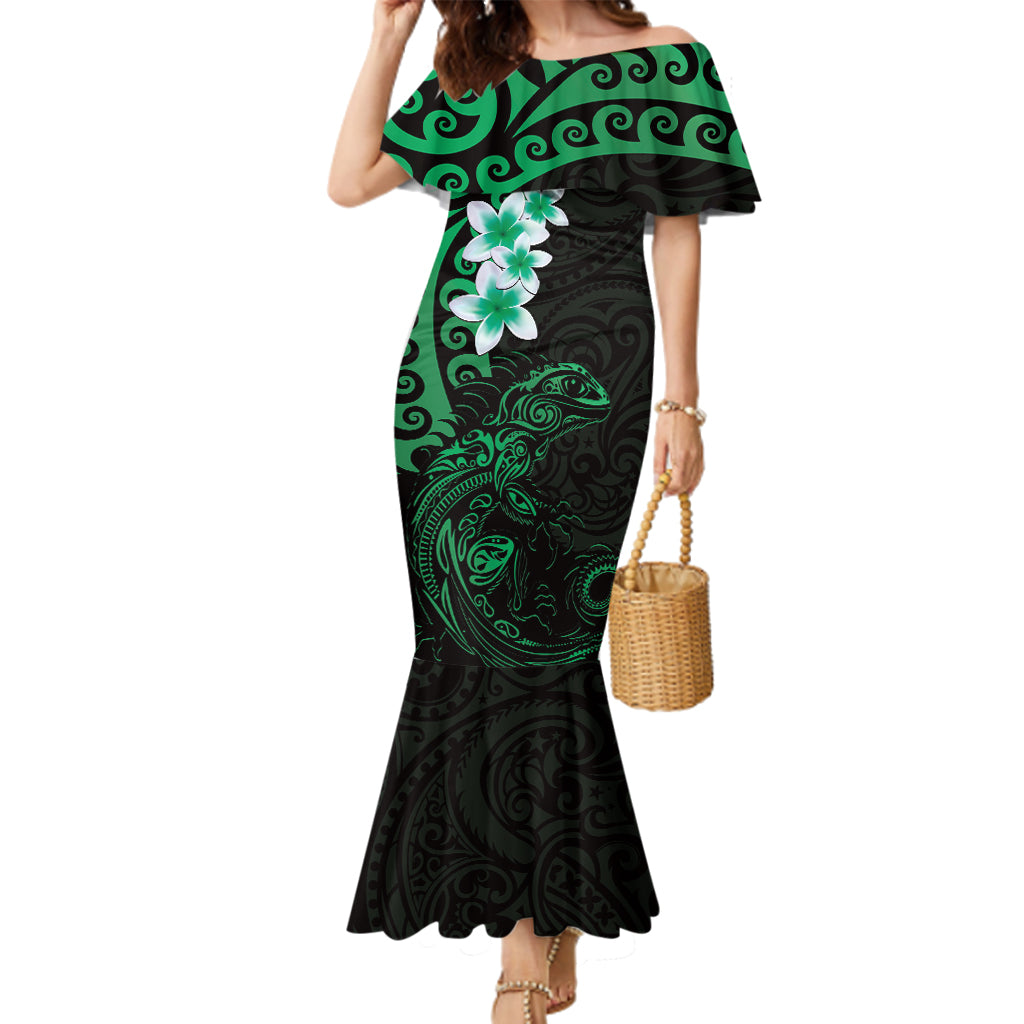 New Zealand Tuatara Plumeria Family Matching Mermaid Dress and Hawaiian Shirt Maori Green Koru Tribal Tattoo