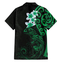 New Zealand Tuatara Plumeria Family Matching Off Shoulder Short Dress and Hawaiian Shirt Maori Green Koru Tribal Tattoo