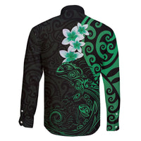 New Zealand Tuatara Plumeria Family Matching Tank Maxi Dress and Hawaiian Shirt Maori Green Koru Tribal Tattoo