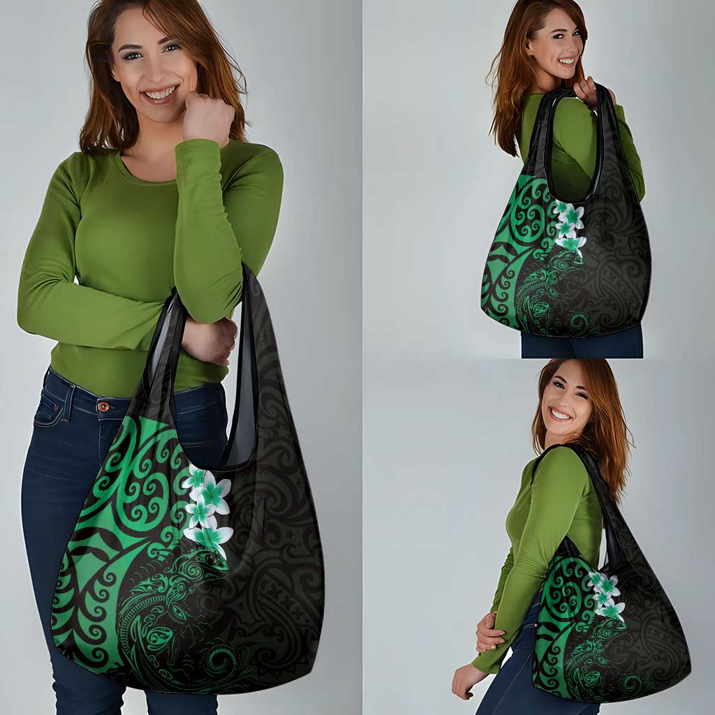 New Zealand Tuatara Plumeria Grocery Bag Maori Green Koru Tribal Tattoo