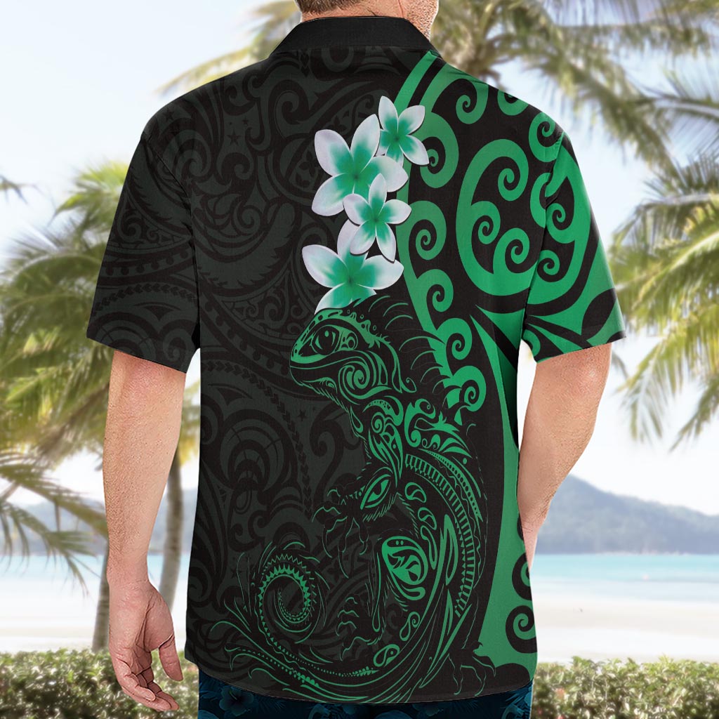 New Zealand Tuatara Plumeria Hawaiian Shirt Maori Green Koru Tribal Tattoo