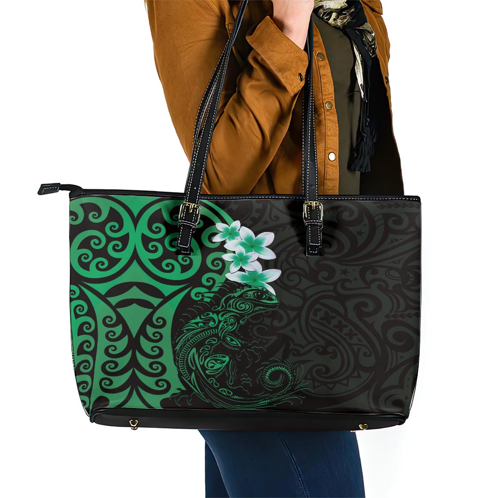 New Zealand Tuatara Plumeria Leather Tote Bag Maori Green Koru Tribal Tattoo