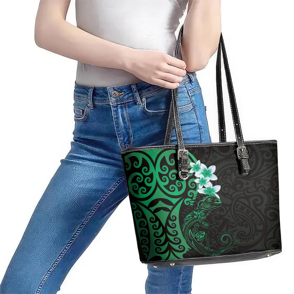New Zealand Tuatara Plumeria Leather Tote Bag Maori Green Koru Tribal Tattoo