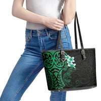 New Zealand Tuatara Plumeria Leather Tote Bag Maori Green Koru Tribal Tattoo