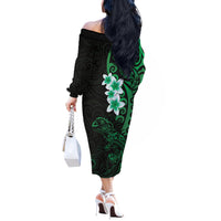 New Zealand Tuatara Plumeria Off The Shoulder Long Sleeve Dress Maori Green Koru Tribal Tattoo