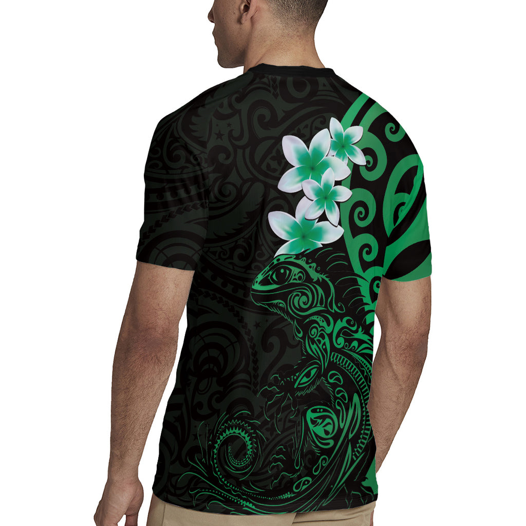 New Zealand Tuatara Plumeria Rugby Jersey Maori Green Koru Tribal Tattoo