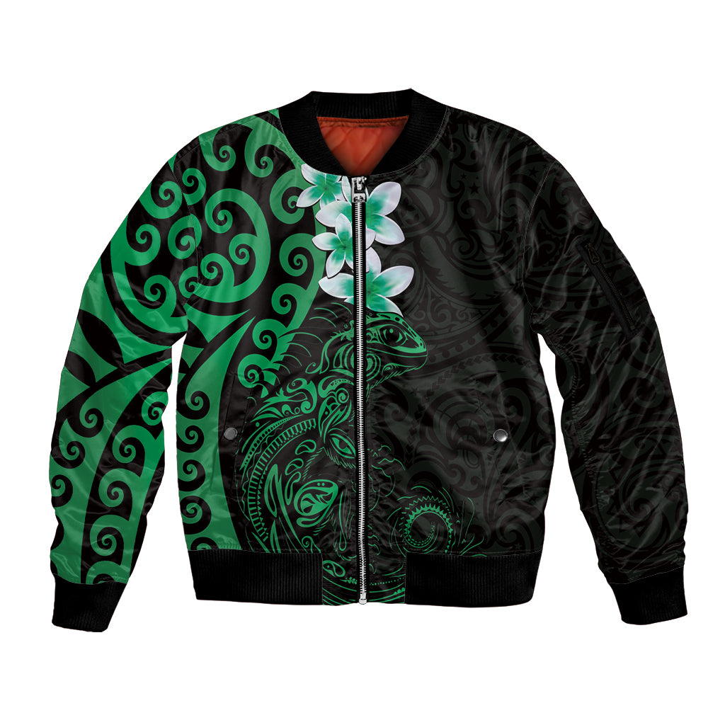 New Zealand Tuatara Plumeria Sleeve Zip Bomber Jacket Maori Green Koru Tribal Tattoo