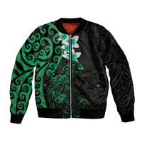New Zealand Tuatara Plumeria Sleeve Zip Bomber Jacket Maori Green Koru Tribal Tattoo