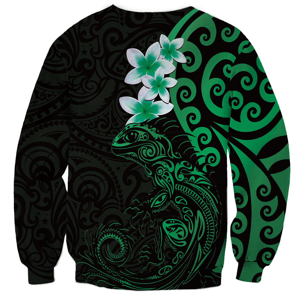 New Zealand Tuatara Plumeria Sweatshirt Maori Green Koru Tribal Tattoo