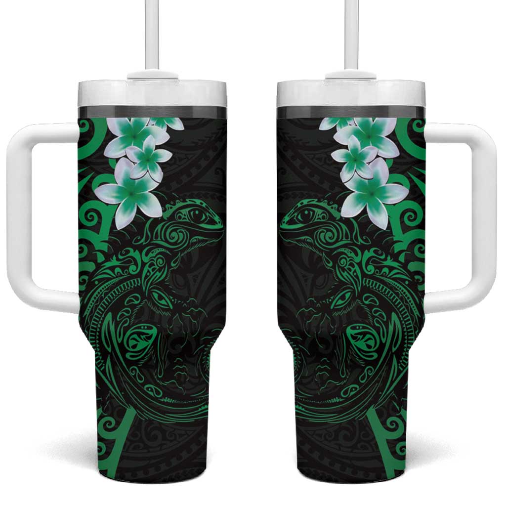 New Zealand Tuatara Plumeria Tumbler With Handle Maori Green Koru Tribal Tattoo