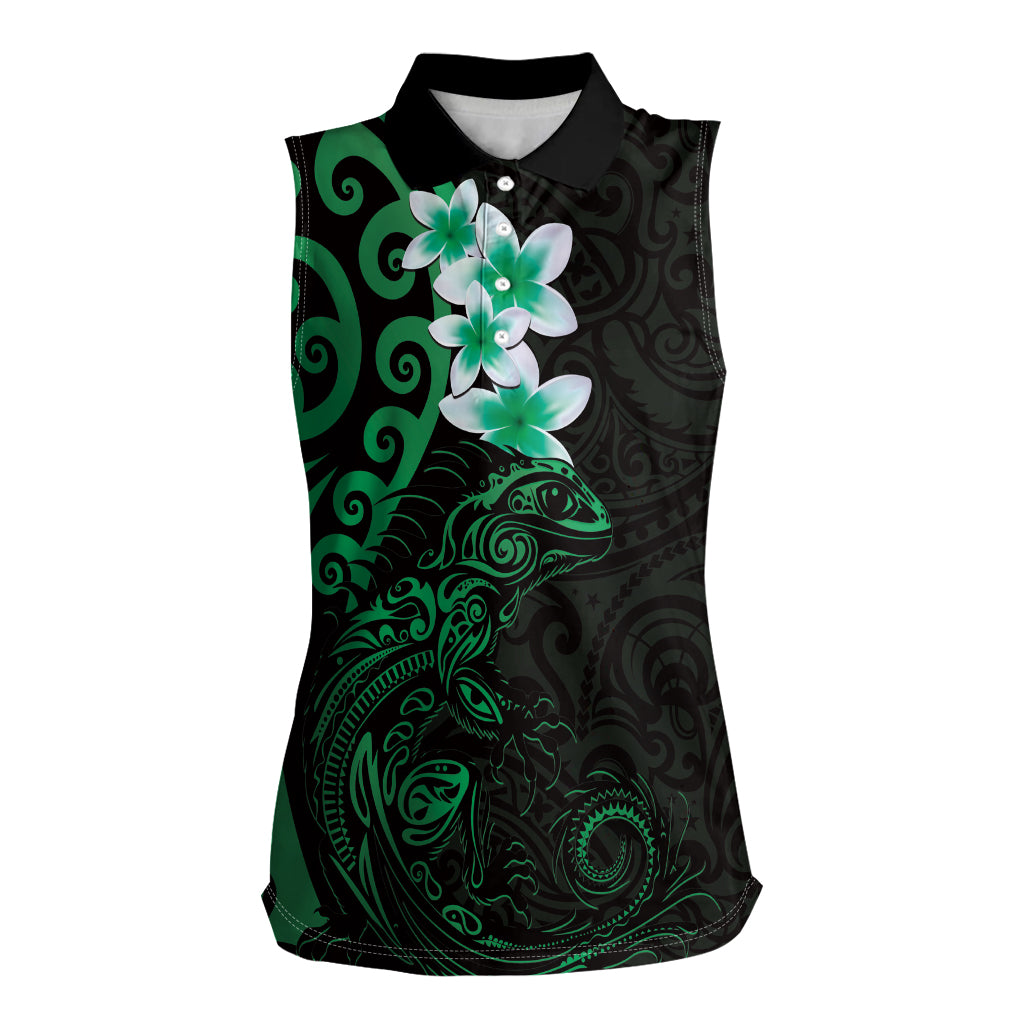 New Zealand Tuatara Plumeria Women Sleeveless Polo Shirt Maori Green Koru Tribal Tattoo