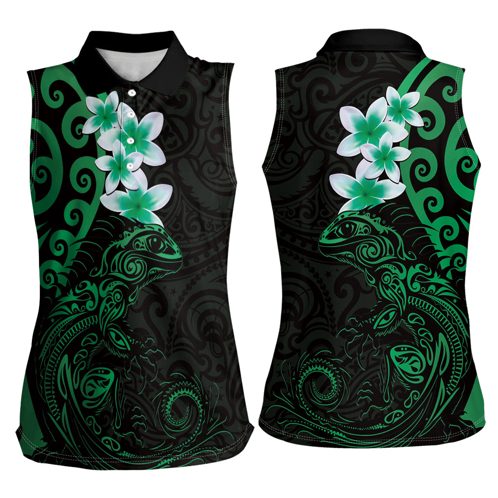 New Zealand Tuatara Plumeria Women Sleeveless Polo Shirt Maori Green Koru Tribal Tattoo