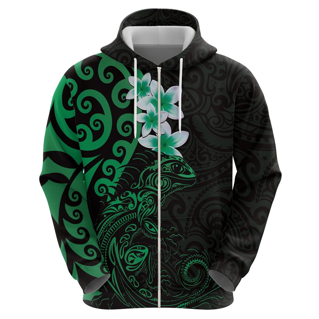 New Zealand Tuatara Plumeria Zip Hoodie Maori Green Koru Tribal Tattoo