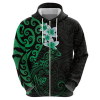 New Zealand Tuatara Plumeria Zip Hoodie Maori Green Koru Tribal Tattoo