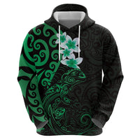 New Zealand Tuatara Plumeria Zip Hoodie Maori Green Koru Tribal Tattoo