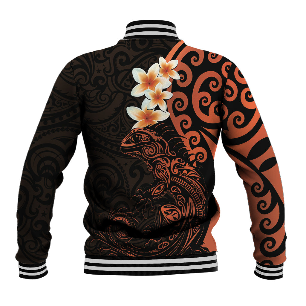 New Zealand Tuatara Plumeria Baseball Jacket Maori Orange Koru Tribal Tattoo