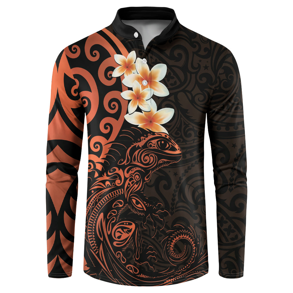 New Zealand Tuatara Plumeria Button Sweatshirt Maori Orange Koru Tribal Tattoo