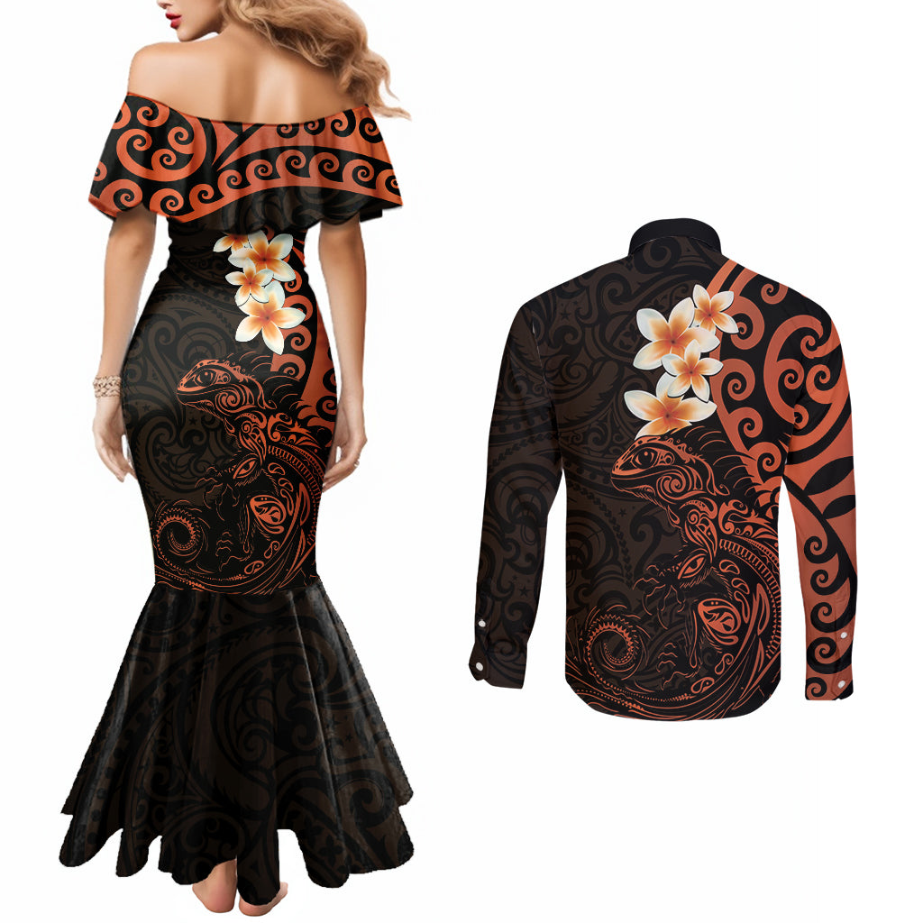 New Zealand Tuatara Plumeria Couples Matching Mermaid Dress and Long Sleeve Button Shirt Maori Orange Koru Tribal Tattoo