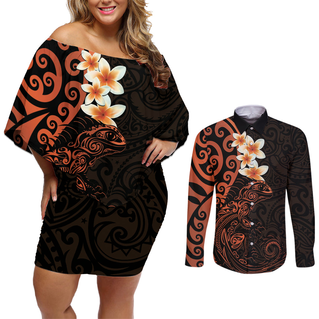 New Zealand Tuatara Plumeria Couples Matching Off Shoulder Short Dress and Long Sleeve Button Shirt Maori Orange Koru Tribal Tattoo
