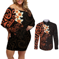 New Zealand Tuatara Plumeria Couples Matching Off Shoulder Short Dress and Long Sleeve Button Shirt Maori Orange Koru Tribal Tattoo