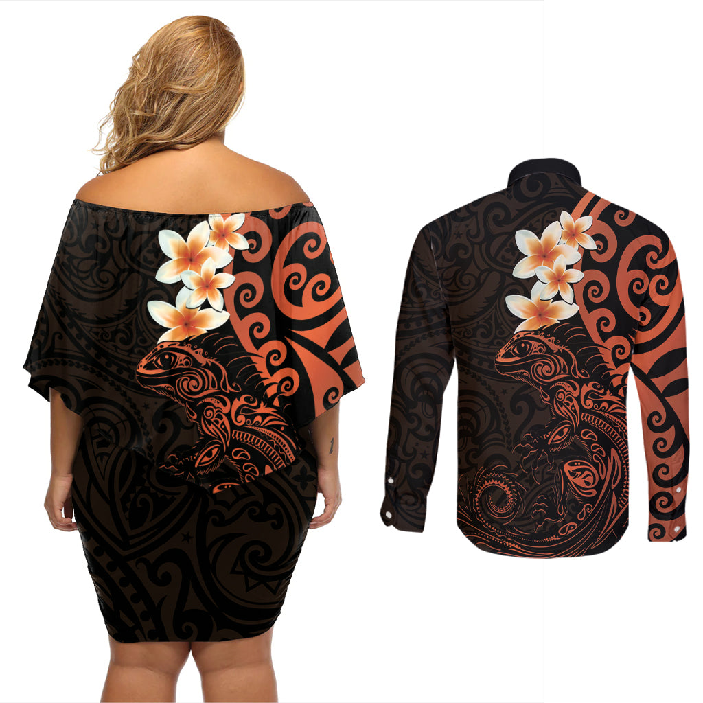New Zealand Tuatara Plumeria Couples Matching Off Shoulder Short Dress and Long Sleeve Button Shirt Maori Orange Koru Tribal Tattoo