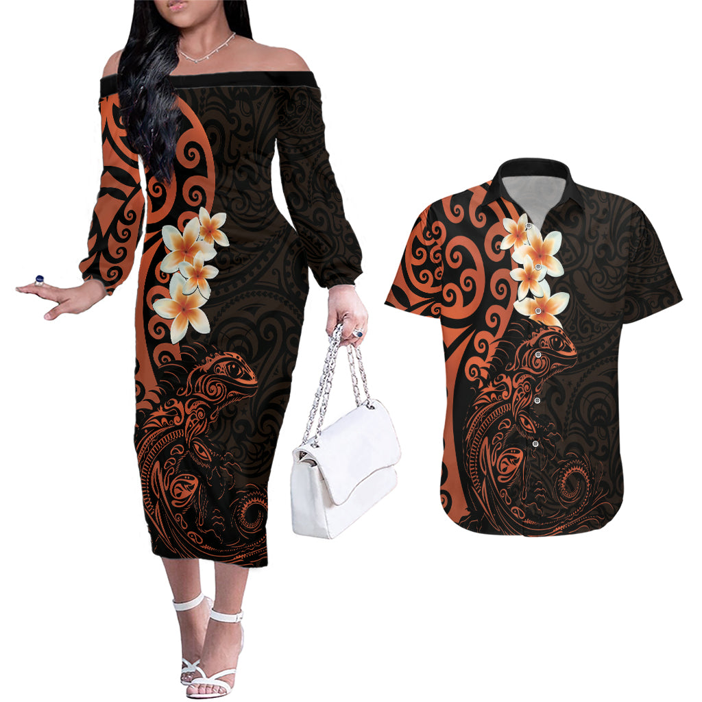 New Zealand Tuatara Plumeria Couples Matching Off The Shoulder Long Sleeve Dress and Hawaiian Shirt Maori Orange Koru Tribal Tattoo
