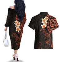New Zealand Tuatara Plumeria Couples Matching Off The Shoulder Long Sleeve Dress and Hawaiian Shirt Maori Orange Koru Tribal Tattoo
