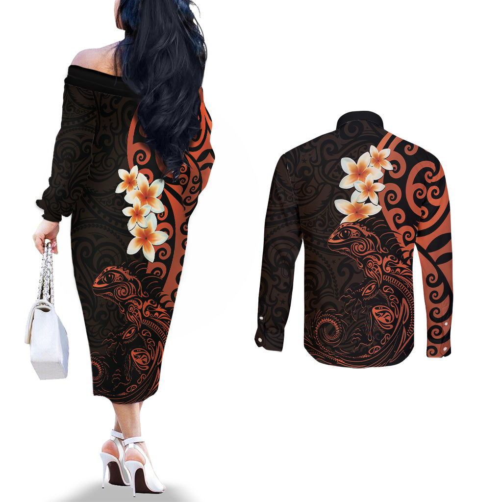 New Zealand Tuatara Plumeria Couples Matching Off The Shoulder Long Sleeve Dress and Long Sleeve Button Shirt Maori Orange Koru Tribal Tattoo