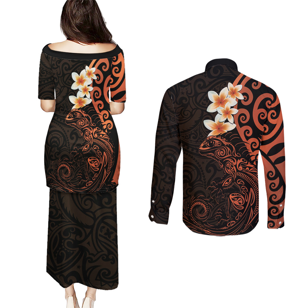 New Zealand Tuatara Plumeria Couples Matching Puletasi and Long Sleeve Button Shirt Maori Orange Koru Tribal Tattoo