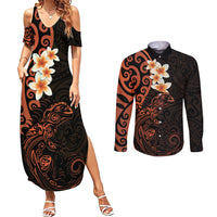 New Zealand Tuatara Plumeria Couples Matching Summer Maxi Dress and Long Sleeve Button Shirt Maori Orange Koru Tribal Tattoo
