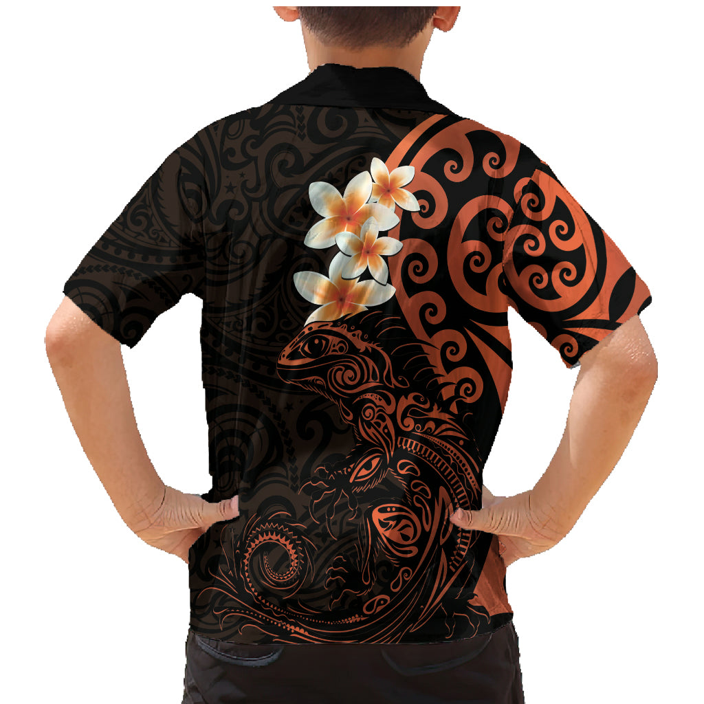 New Zealand Tuatara Plumeria Family Matching Mermaid Dress and Hawaiian Shirt Maori Orange Koru Tribal Tattoo